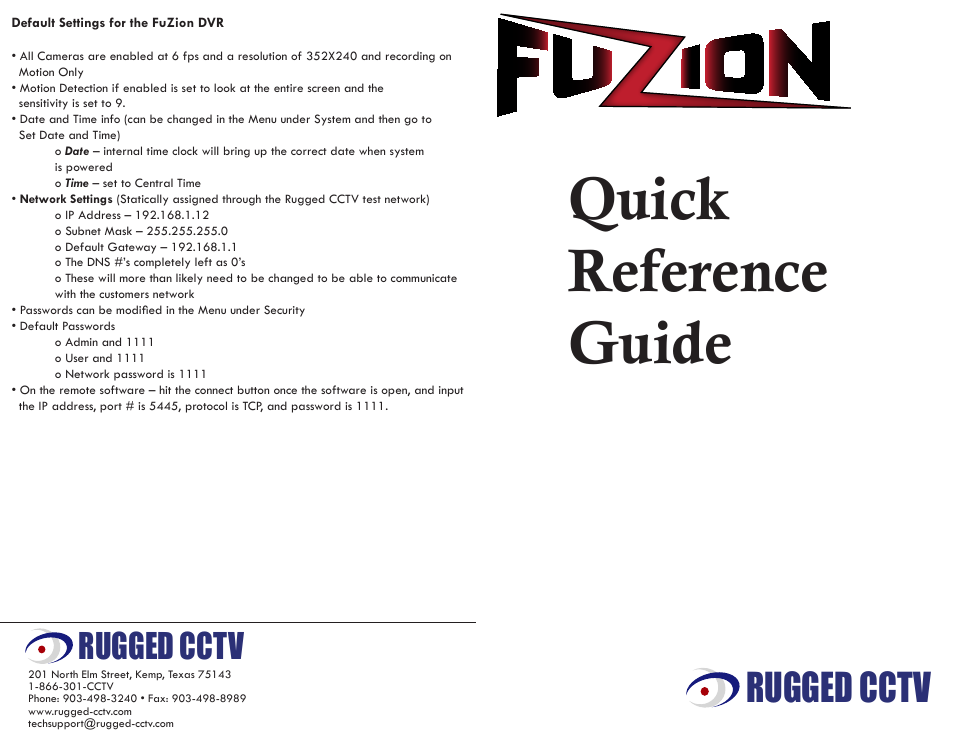 Rugged Cams Fusion DVR User Manual | 2 pages