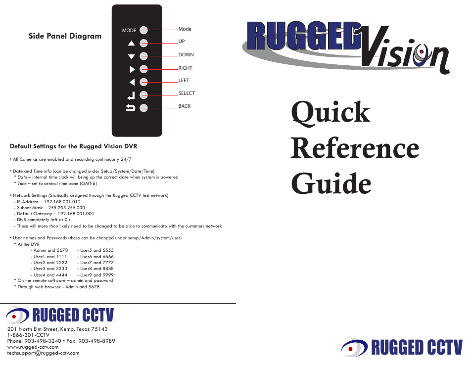 Rugged Cams Rugged Vision DVR User Manual | 2 pages