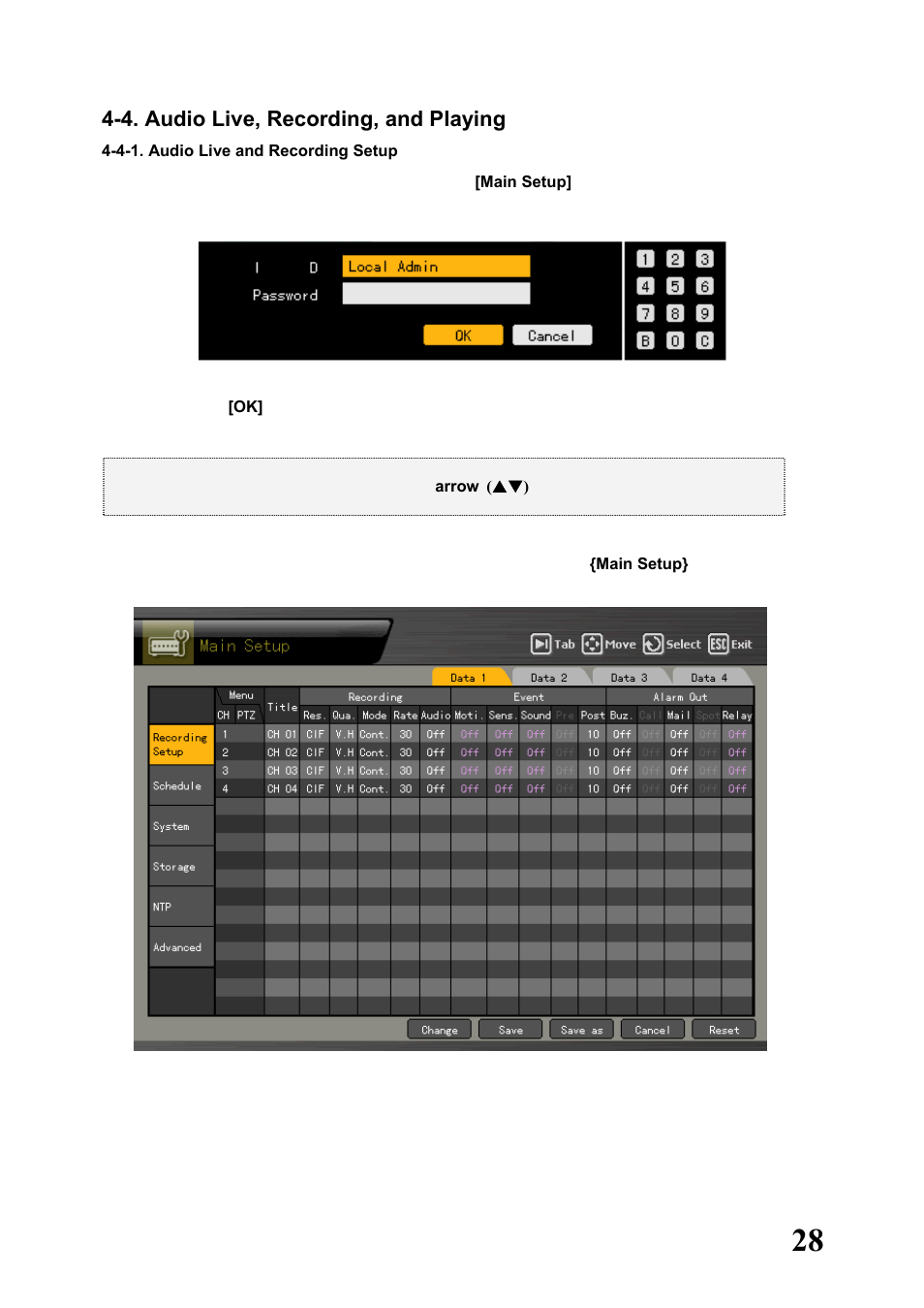 4. audio live, recording, and playing, 4-1. audio live and recording setup | Rugged Cams Workhorse DVR 4 Channel User Manual | Page 29 / 161