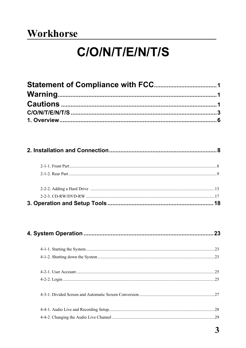 C/o/n/t/e/n/t/s, Workhorse 120-4, Statement of compliance with fcc | Warning, Cautions | Rugged Cams Workhorse DVR 4 Channel User Manual | Page 4 / 161