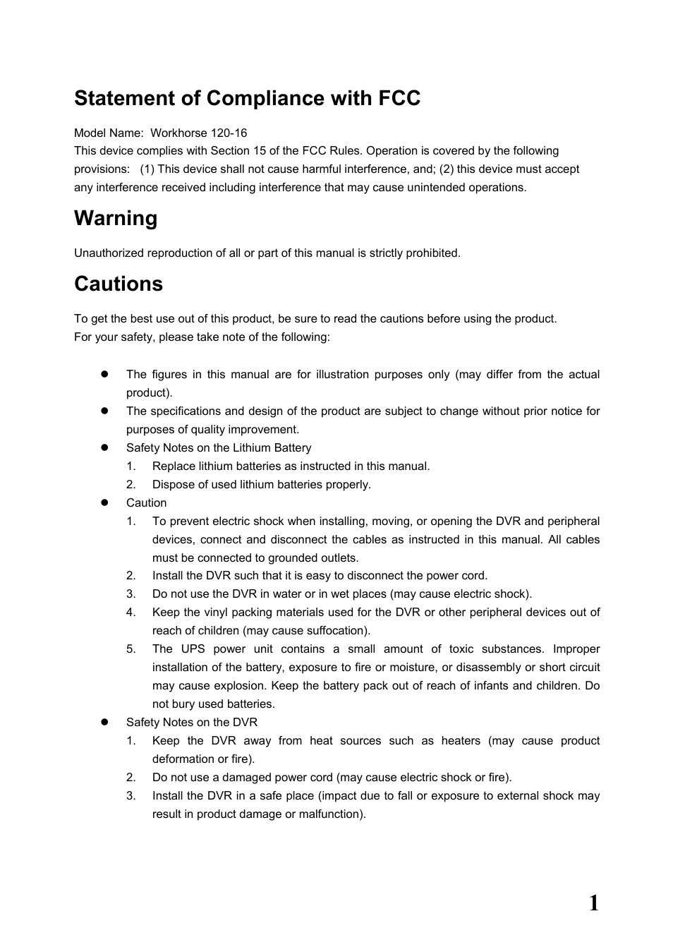 Warning, Cautions, Statement of compliance with fcc | Rugged Cams Workhorse DVR 16 Channel User Manual | Page 2 / 153