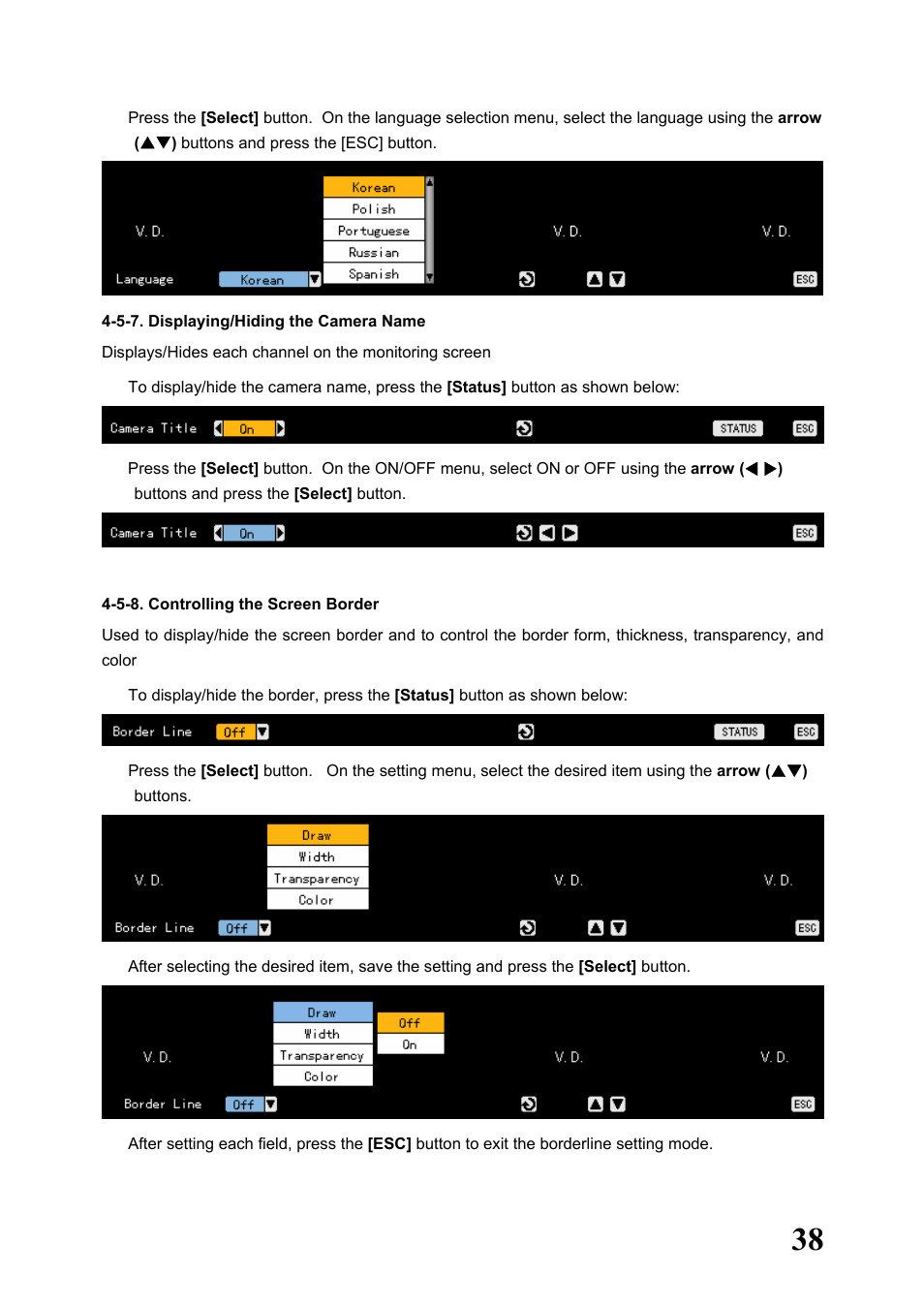 5-7. displaying/hiding the camera name, 5-8. controlling the screen border | Rugged Cams Workhorse DVR 16 Channel User Manual | Page 39 / 153