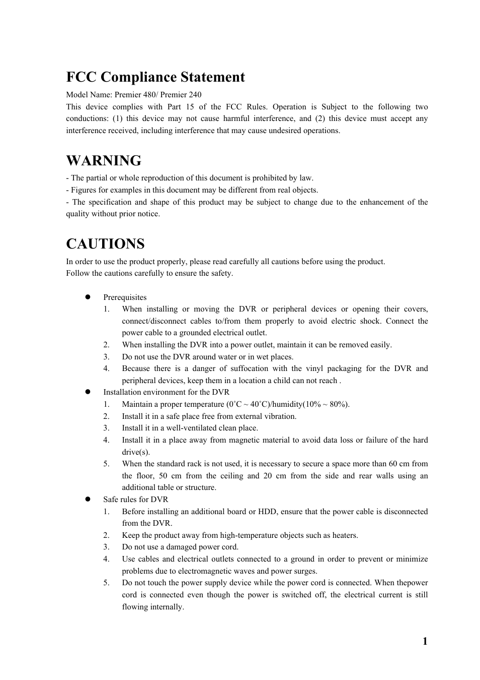 Fcc compliance statement, Warning, Cautions | Rugged Cams Premier DVR User Manual | Page 2 / 173