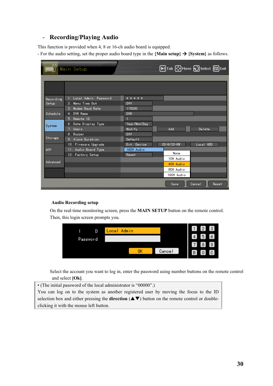 Recording/playing audio, Audio recording setup, 30 - recording/playing audio | Rugged Cams Premier DVR User Manual | Page 31 / 173