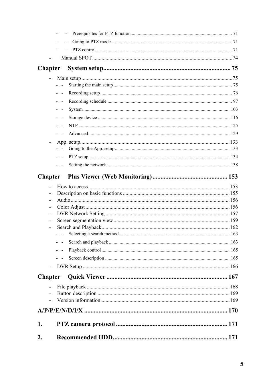 Chapter system setup, Chapter plus viewer (web monitoring), Chapter quick viewer | A/p/p/e/n/d/i/x, Ptz camera protocol, Recommended hdd | Rugged Cams Premier DVR User Manual | Page 6 / 173