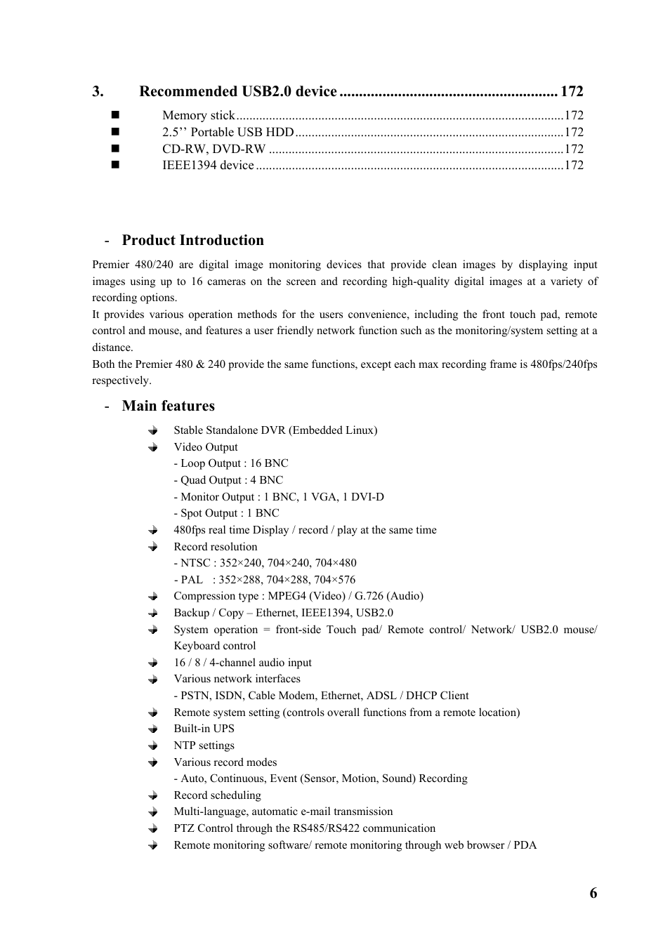 Chapter overview, Product introduction - main features, Recommended usb2.0 device | Product introduction, Main features | Rugged Cams Premier DVR User Manual | Page 7 / 173