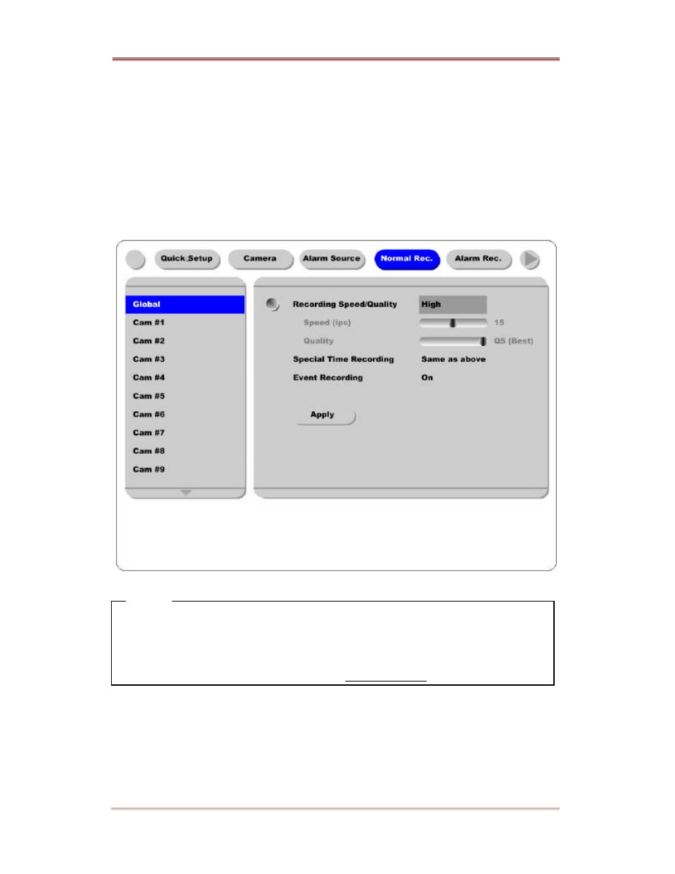 Normal rec, Setting global | Rugged Cams ELX DVR 16 Channel User Manual | Page 34 / 81