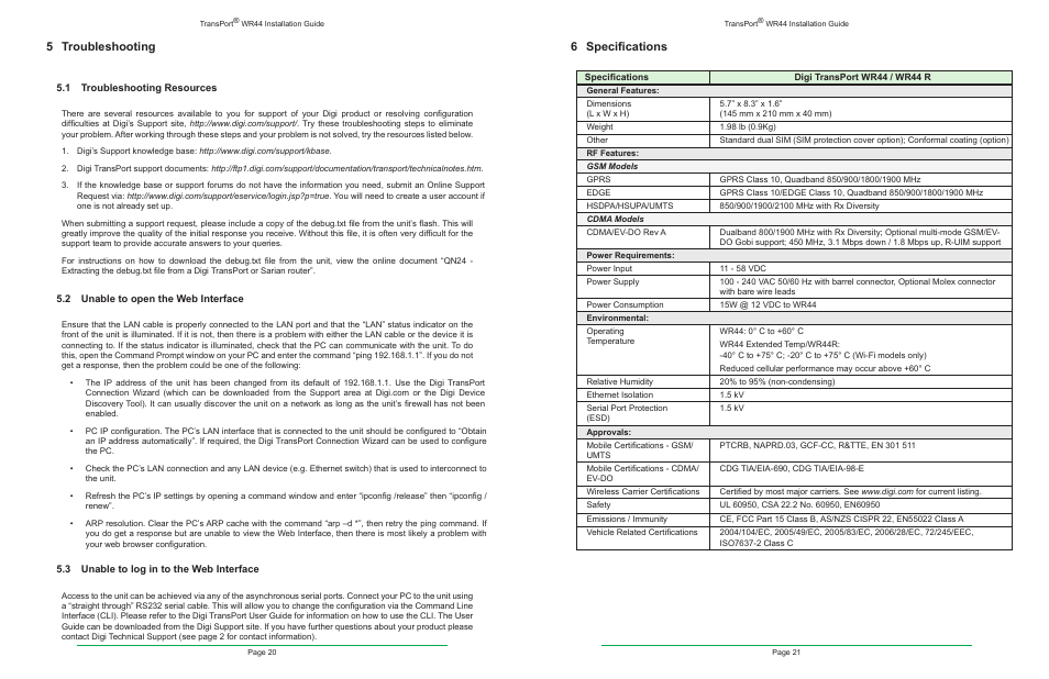 5 troubleshooting, 1 troubleshooting resources, 2 unable to open the web interface | 3 unable to log in to the web interface, 6 specifications | Digi TransPort WR44 User Manual | Page 11 / 14