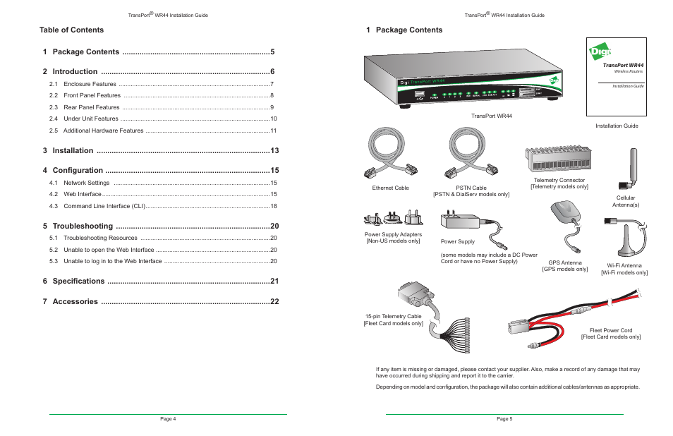 1 package contents, 3 installation 4 configuration, 5 troubleshooting | 6 specifications 7 accessories | Digi TransPort WR44 User Manual | Page 3 / 14