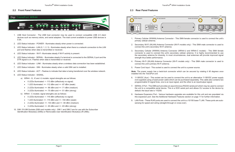 2 front panel features, 3 rear panel features, 2 front panel features 2.3 rear panel features | Digi TransPort WR44 User Manual | Page 5 / 14