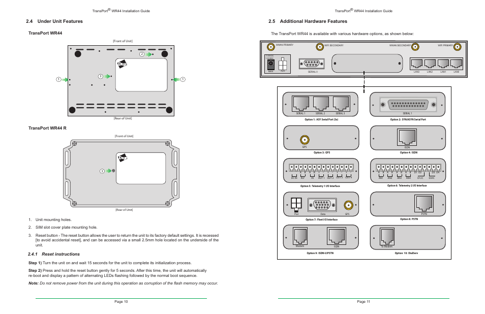 4 under unit features, 5 additional hardware features, Transport wr44 | Transport wr44 r, 1 reset instructions | Digi TransPort WR44 User Manual | Page 6 / 14