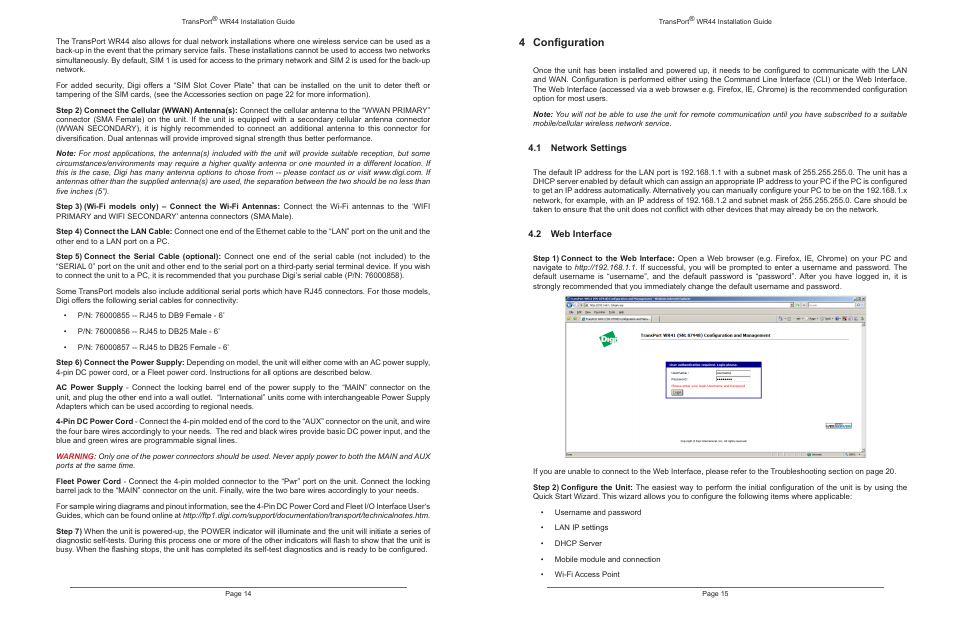 4 configuration, 1 network settings, 2 web interface | 1 network settings 4.2 web interface | Digi TransPort WR44 User Manual | Page 8 / 14