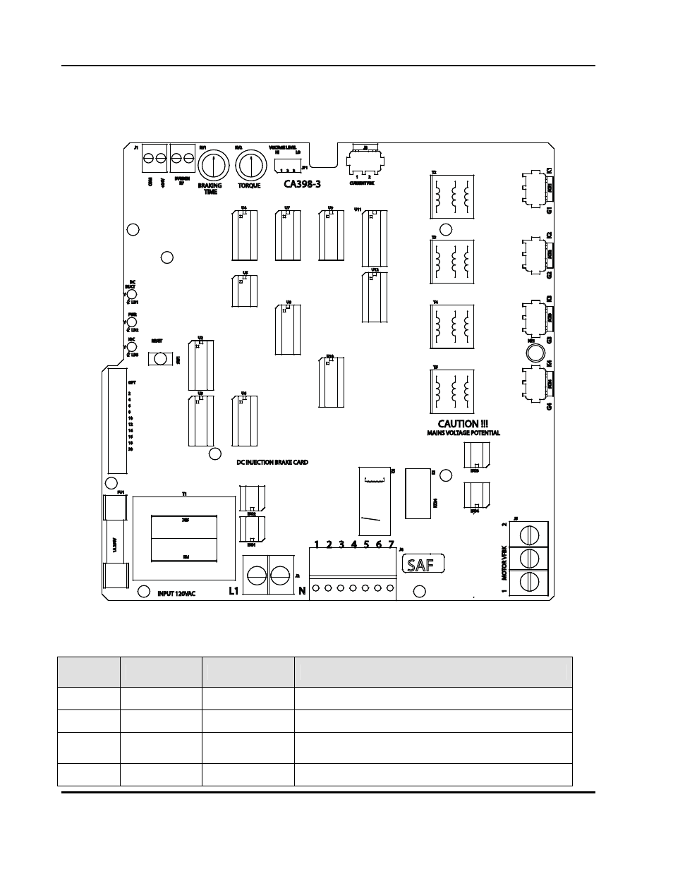 3 card functions 3.1 card layout, 2 led and neon indications, Ca398 – dc injection card | Op-stop dc injection brake page 7, L1 n, Caution, Ca398-3 | SAF OP-STOP DCI User Manual | Page 12 / 25