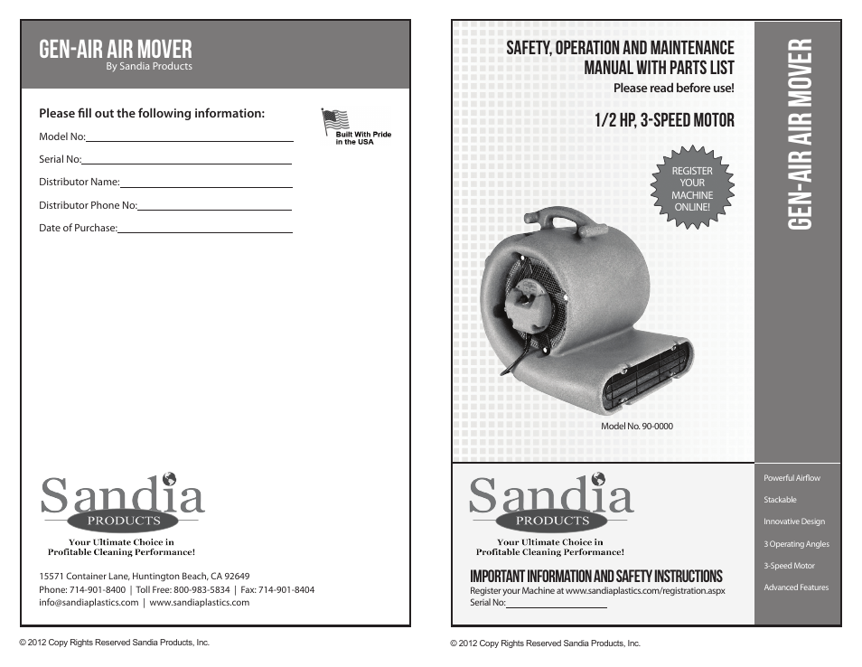 Sandia Gen-Air Air Mover User Manual | 6 pages