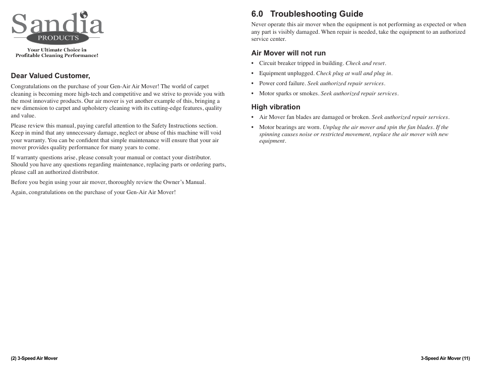 0 troubleshooting guide | Sandia Gen-Air Air Mover User Manual | Page 2 / 6