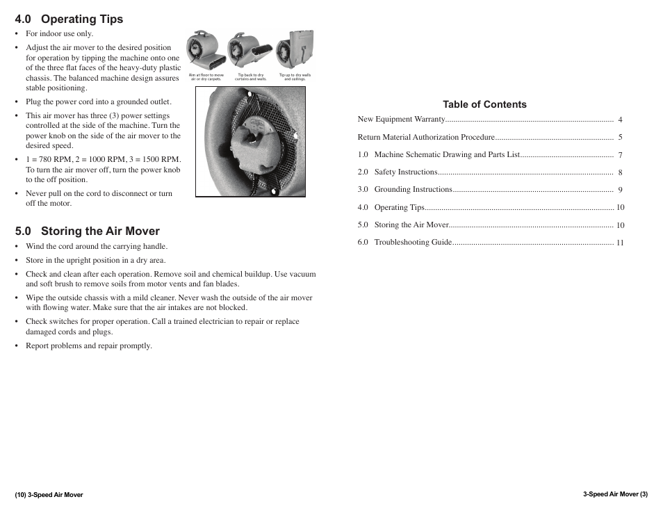 0 operating tips, 0 storing the air mover | Sandia Gen-Air Air Mover User Manual | Page 3 / 6