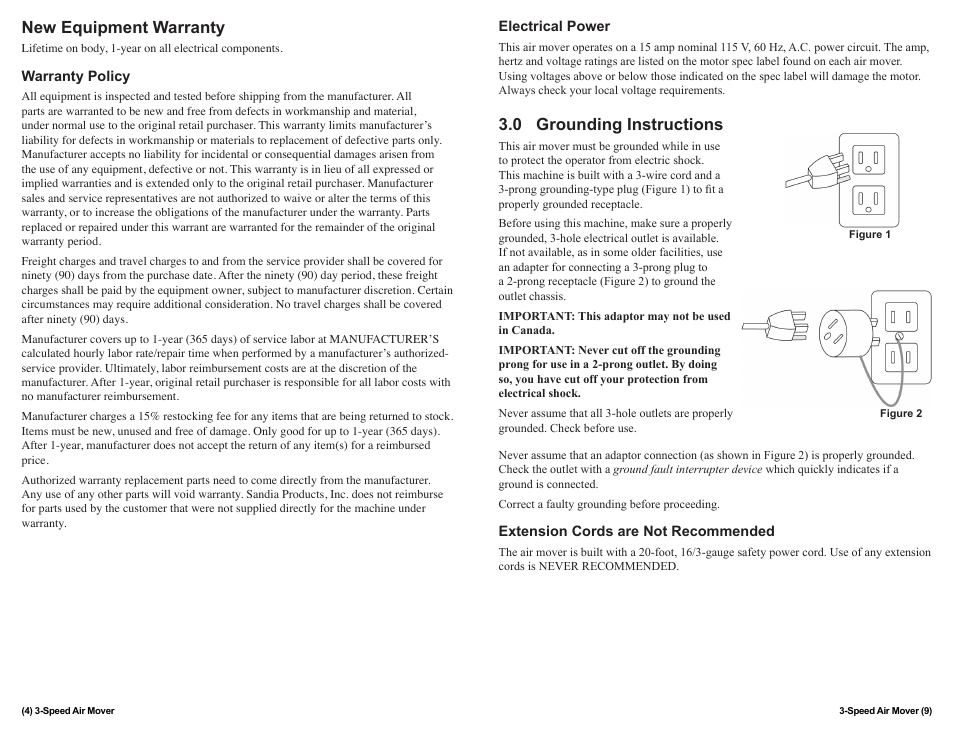 New equipment warranty, 0 grounding instructions | Sandia Gen-Air Air Mover User Manual | Page 4 / 6