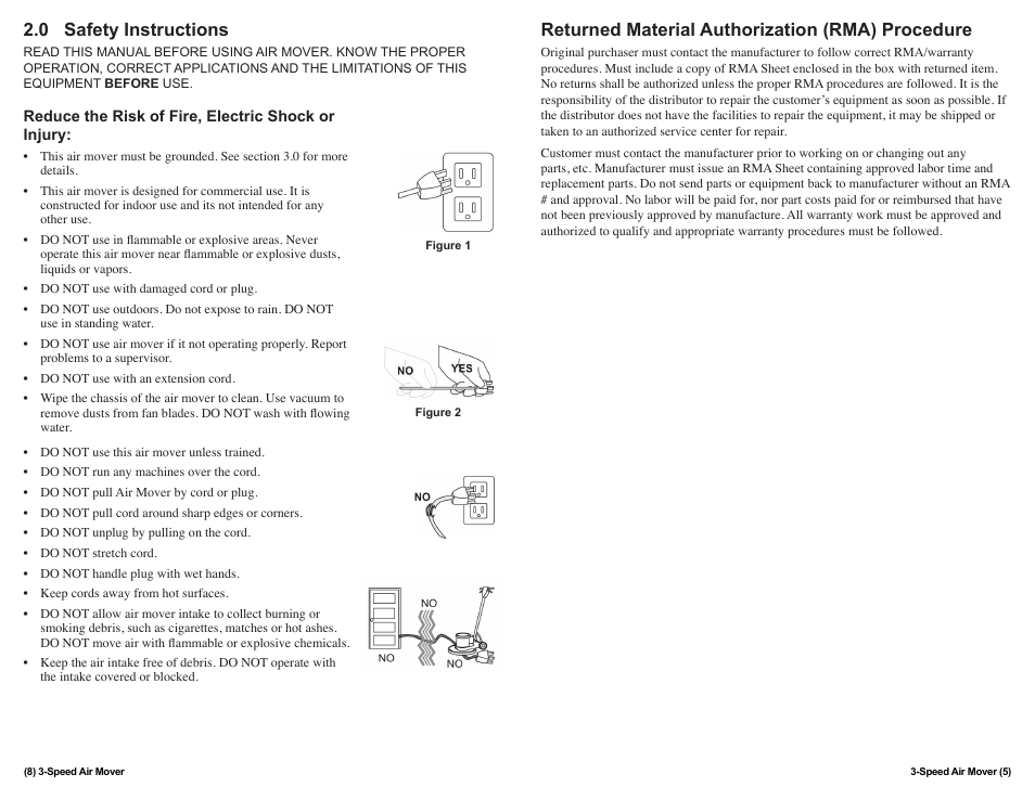 0 safety instructions, Returned material authorization (rma) procedure | Sandia Gen-Air Air Mover User Manual | Page 5 / 6