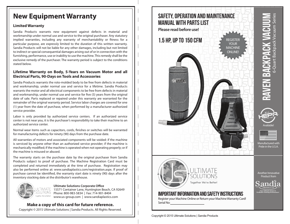 Sandia 6-Quart Raven Backpack Vacuum User Manual | 8 pages