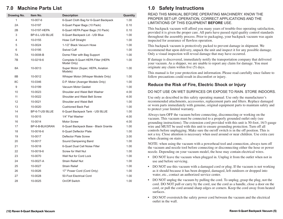 0 safety instructions, 0 machine parts list, Reduce the risk of fire, electric shock or injury | Sandia 6-Quart Raven Backpack Vacuum User Manual | Page 5 / 8
