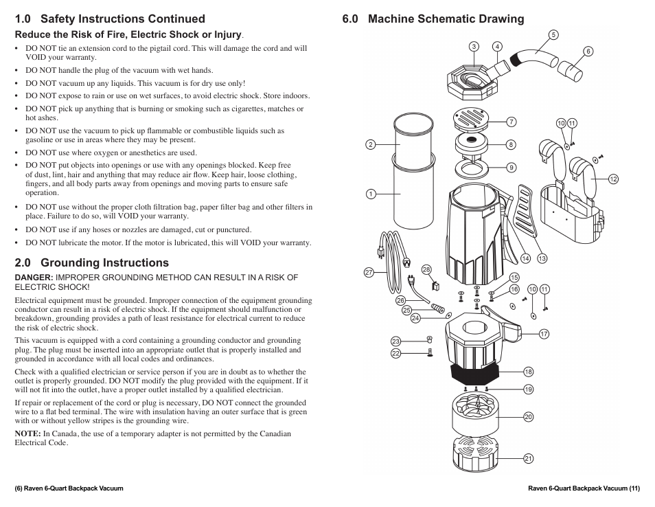 0 safety instructions continued, 0 grounding instructions, 0 machine schematic drawing | Sandia 6-Quart Raven Backpack Vacuum User Manual | Page 6 / 8