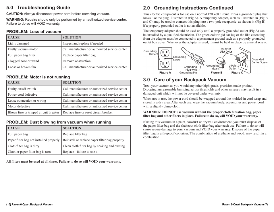 0 grounding instructions continued, 0 care of your backpack vacuum, 0 troubleshooting guide | Sandia 6-Quart Raven Backpack Vacuum User Manual | Page 7 / 8
