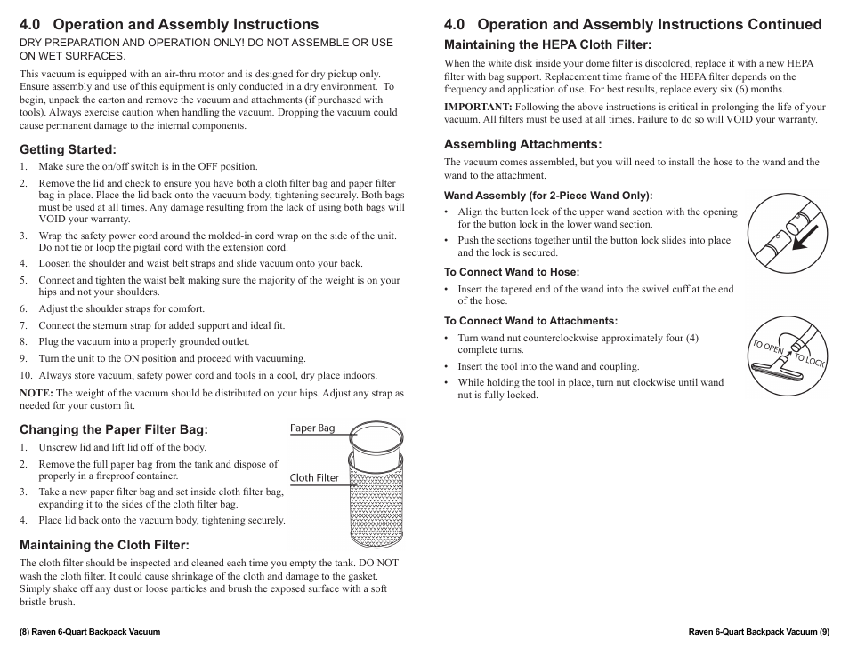 0 operation and assembly instructions, 0 operation and assembly instructions continued | Sandia 6-Quart Raven Backpack Vacuum User Manual | Page 8 / 8