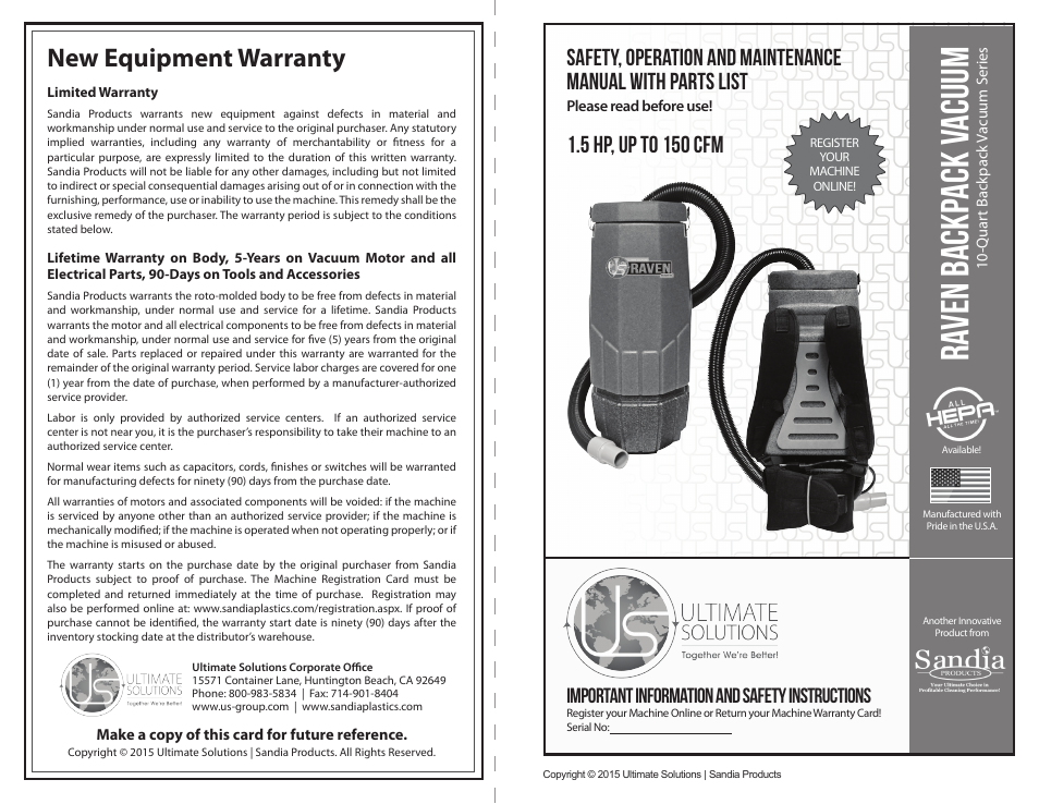 Sandia 10-Quart Raven Backpack Vacuum User Manual | 8 pages