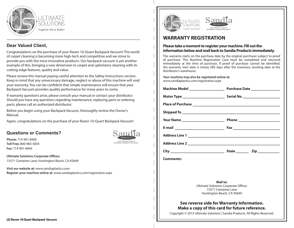 Warranty registration | Sandia 10-Quart Raven Backpack Vacuum User Manual | Page 2 / 8