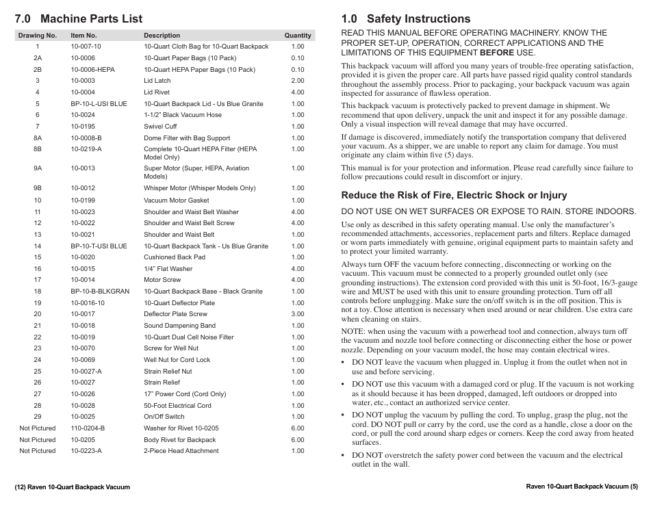 0 safety instructions, 0 machine parts list, Reduce the risk of fire, electric shock or injury | Sandia 10-Quart Raven Backpack Vacuum User Manual | Page 5 / 8