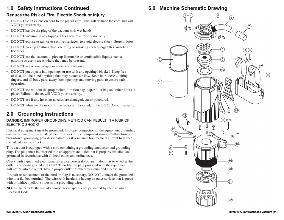 0 safety instructions continued, 0 grounding instructions, 0 machine schematic drawing | Sandia 10-Quart Raven Backpack Vacuum User Manual | Page 6 / 8