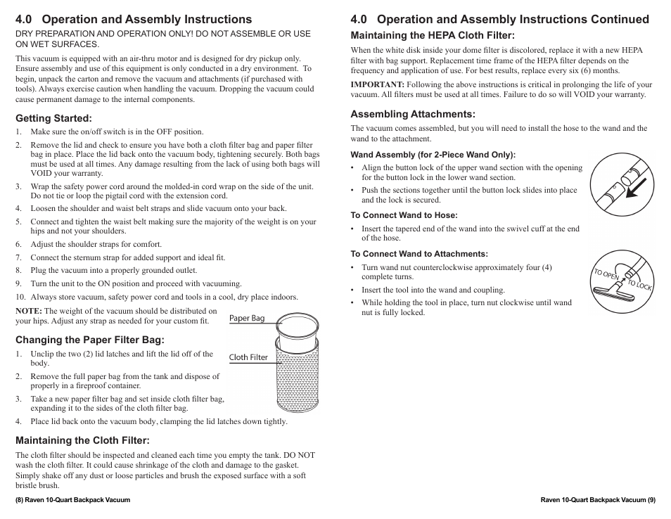 0 operation and assembly instructions, 0 operation and assembly instructions continued | Sandia 10-Quart Raven Backpack Vacuum User Manual | Page 8 / 8