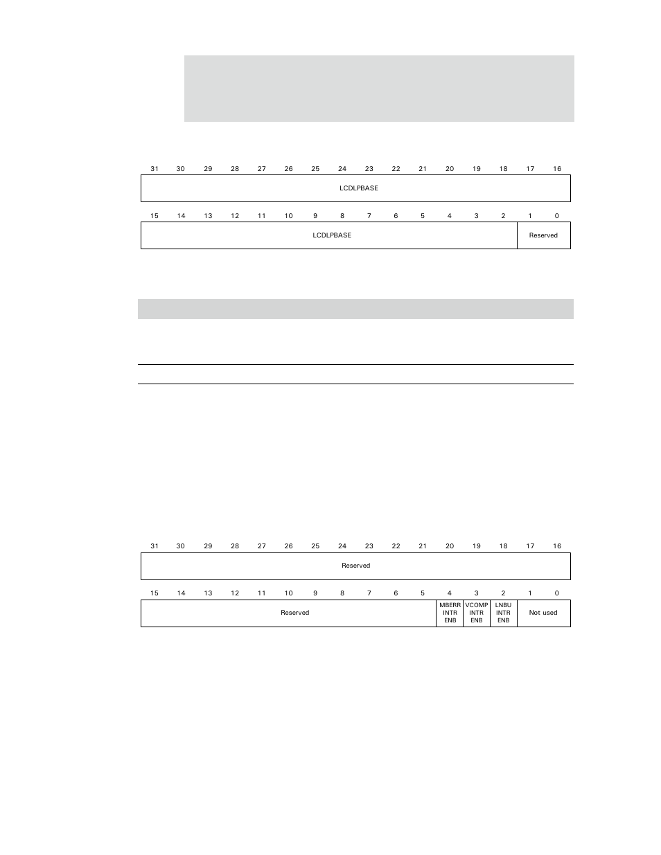 Lcdintrenable, Register bit assignment, Table 356: lcdlpbase register | Digi NS9750 User Manual | Page 613 / 898