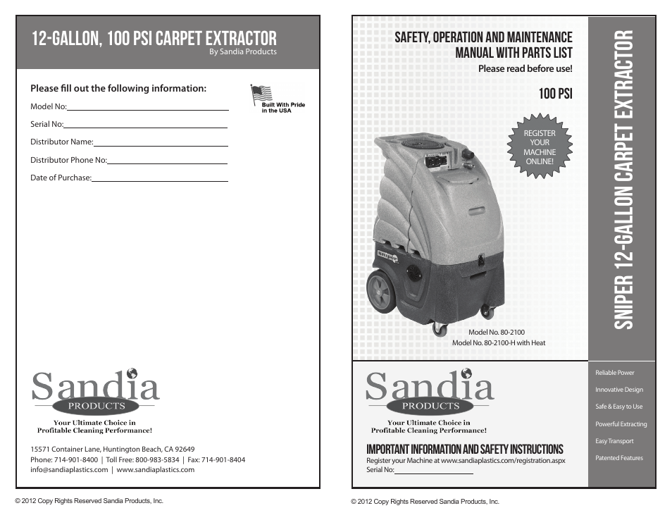 Sandia 12-Gallon, 100 PSI Carpet Extractor User Manual | 8 pages