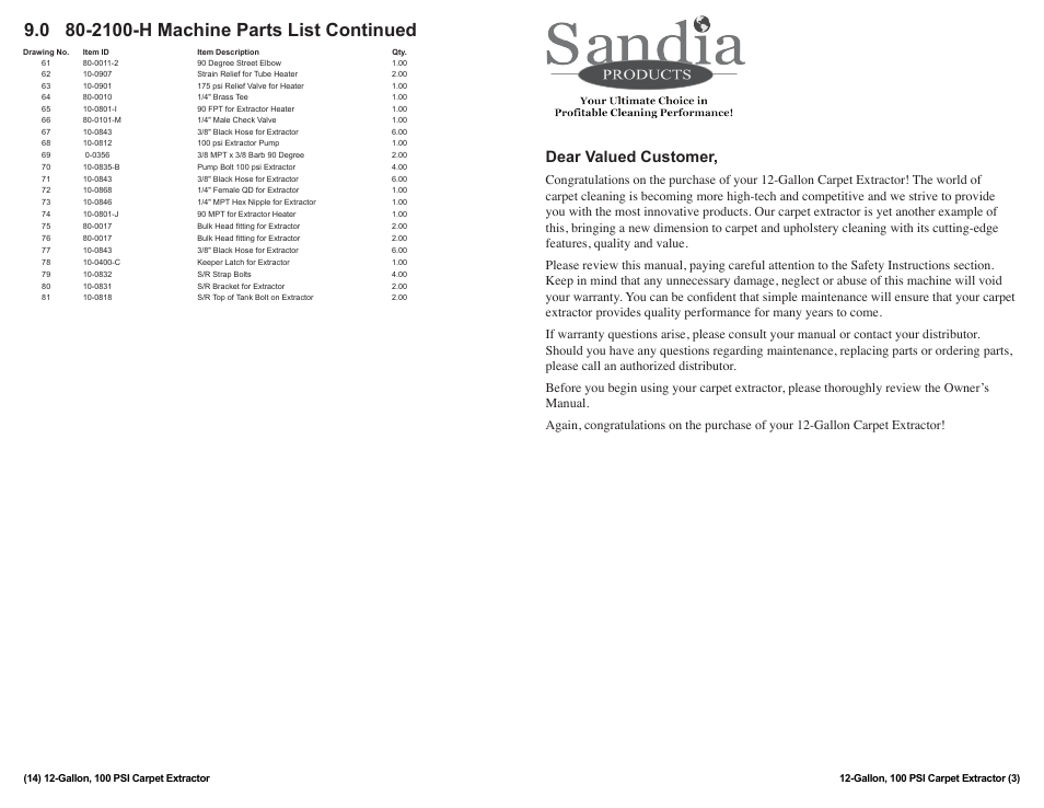 Dear valued customer | Sandia 12-Gallon, 100 PSI Carpet Extractor User Manual | Page 3 / 8