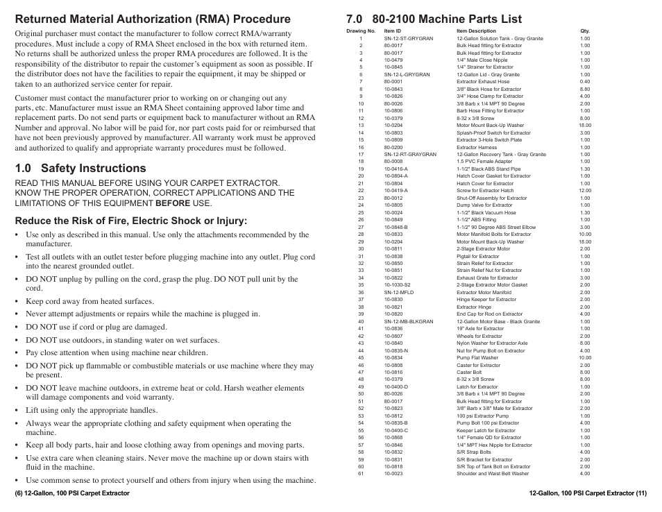 Returned material authorization (rma) procedure, 0 safety instructions, Reduce the risk of fire, electric shock or injury | Sandia 12-Gallon, 100 PSI Carpet Extractor User Manual | Page 6 / 8