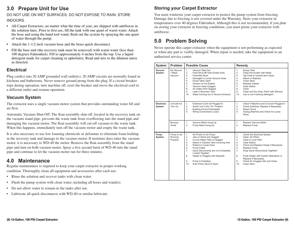 0 prepare unit for use, 0 maintenance, 0 problem solving | Electrical, Vacuum system, Storing your carpet extractor | Sandia 12-Gallon, 100 PSI Carpet Extractor User Manual | Page 8 / 8