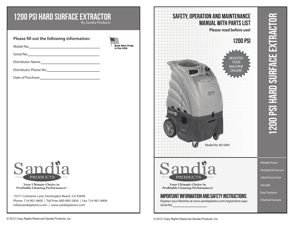 Sandia 12-Gallon, 1200 PSI Hard Surface Extractor User Manual | 20 pages