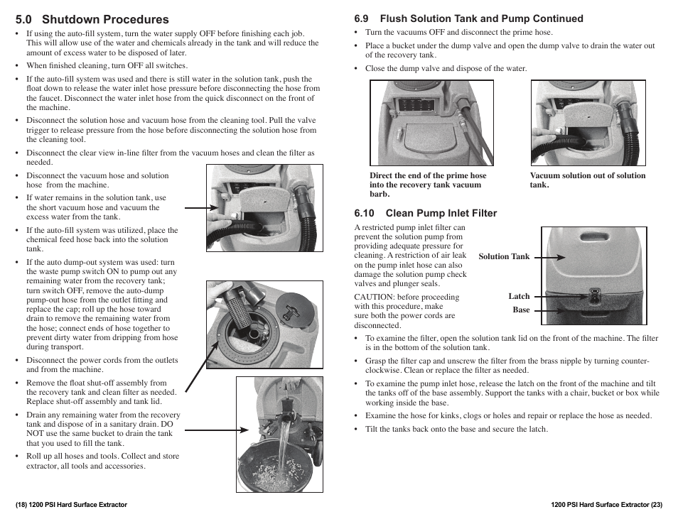 0 shutdown procedures | Sandia 12-Gallon, 1200 PSI Hard Surface Extractor User Manual | Page 18 / 20
