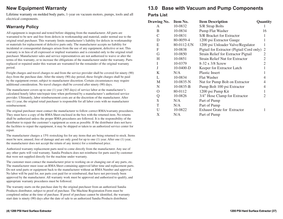 New equipment warranty, 0 base with vacuum and pump components | Sandia 12-Gallon, 1200 PSI Hard Surface Extractor User Manual | Page 4 / 20