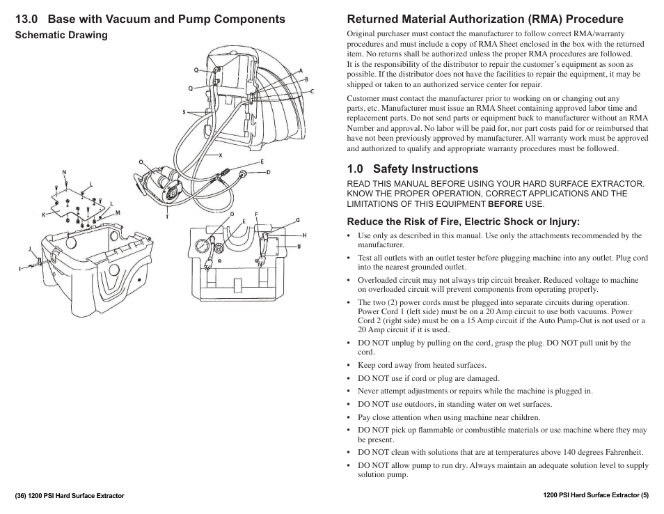 Returned material authorization (rma) procedure, 0 safety instructions, 0 base with vacuum and pump components | Sandia 12-Gallon, 1200 PSI Hard Surface Extractor User Manual | Page 5 / 20