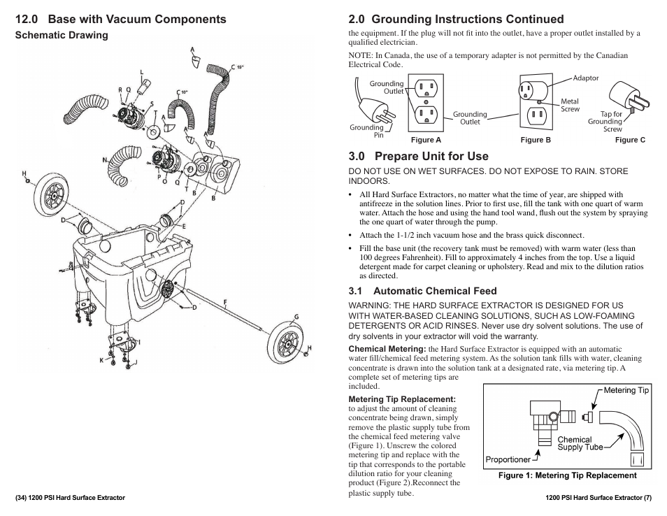 0 grounding instructions continued, 0 prepare unit for use, 0 base with vacuum components | Sandia 12-Gallon, 1200 PSI Hard Surface Extractor User Manual | Page 7 / 20