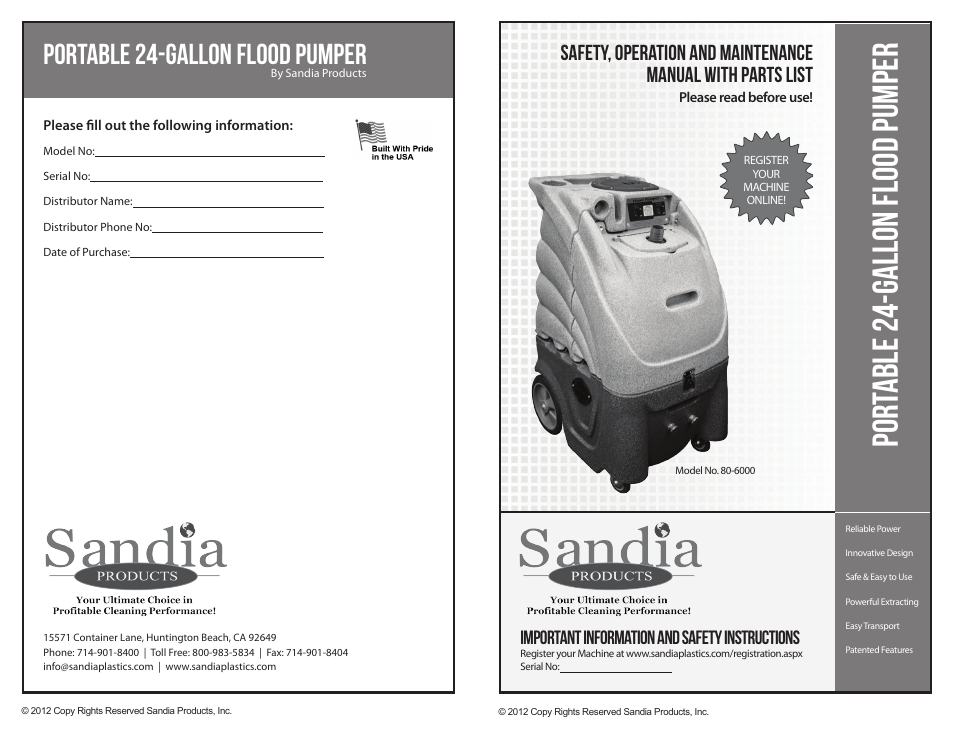 Sandia 24-Gallon Portable Flood Pumper User Manual | 6 pages