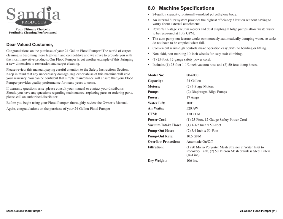 0 machine specifications | Sandia 24-Gallon Portable Flood Pumper User Manual | Page 2 / 6