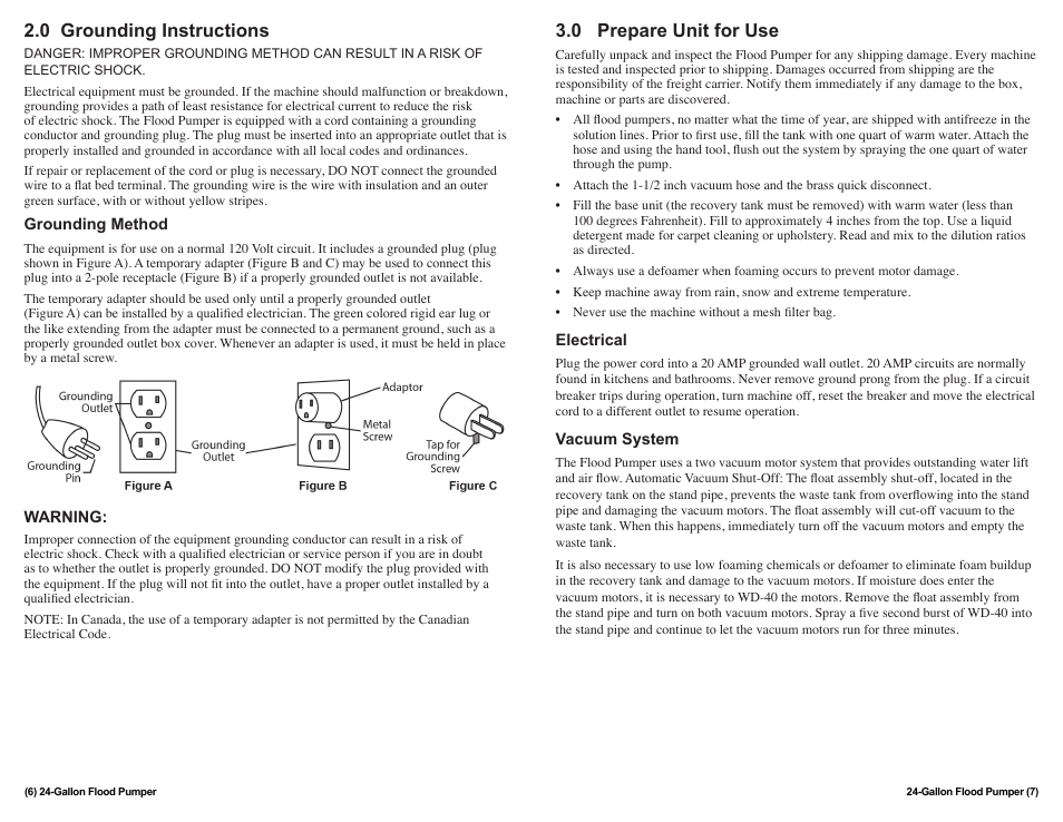 0 prepare unit for use, 0 grounding instructions | Sandia 24-Gallon Portable Flood Pumper User Manual | Page 6 / 6
