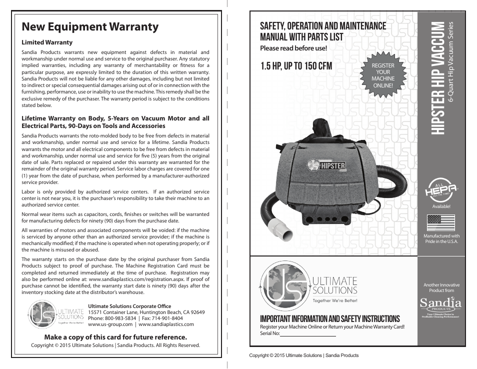Sandia 6-Quart Hipster Hip Vacuum User Manual | 8 pages