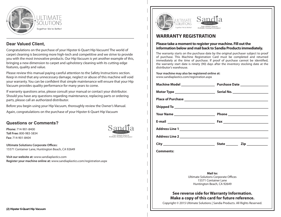 Warranty registration | Sandia 6-Quart Hipster Hip Vacuum User Manual | Page 2 / 8