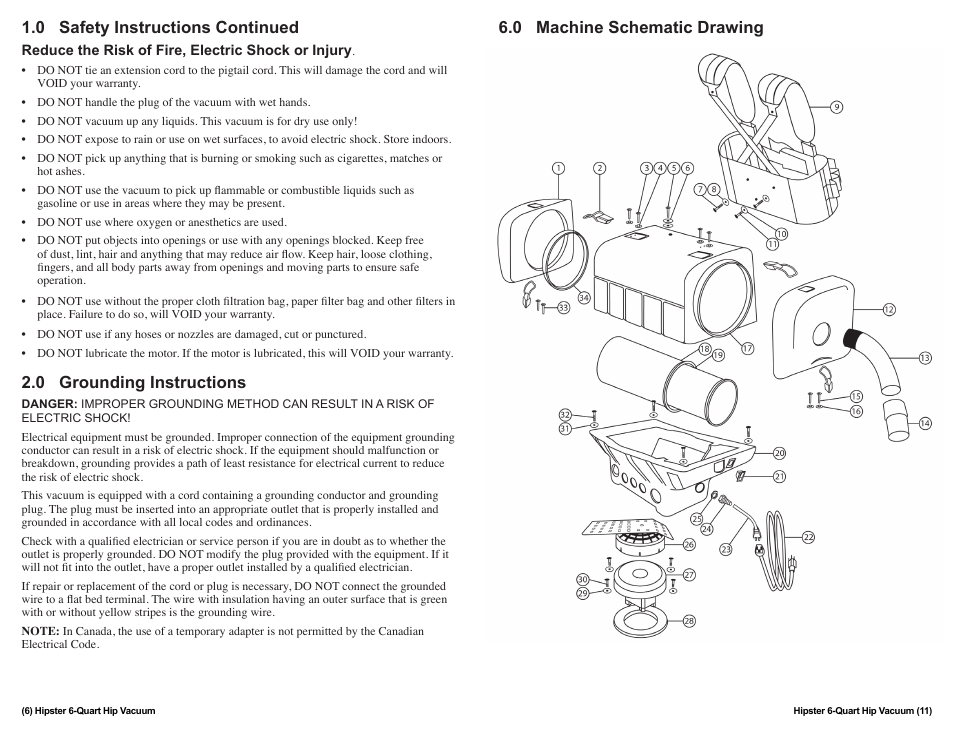 0 grounding instructions | Sandia 6-Quart Hipster Hip Vacuum User Manual | Page 6 / 8