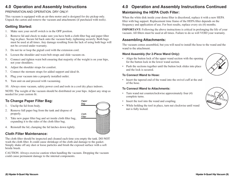 0 operation and assembly instructions, 0 operation and assembly instructions continued | Sandia 6-Quart Hipster Hip Vacuum User Manual | Page 8 / 8