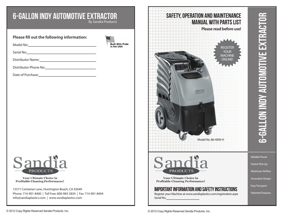 Sandia 6-Gallon Indy Automotive Extractor with Heat User Manual | 6 pages